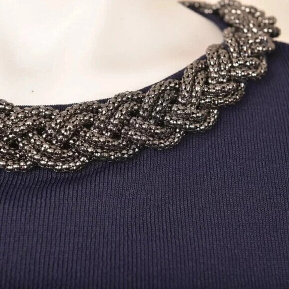 Zara Knit Blue Sweater Silver Necklace Neckline Size Small - Picture 3 of 9